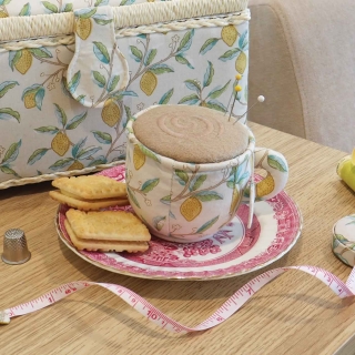 Tea Cup Pin Cushion in Morris Lemons Print