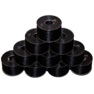 10x Plastic bobbins with black thread pre-wound on