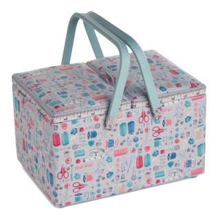 Medium Sewing Box-** Pink And Blue Floral Fabric | 26 X 18 X 15cm | Storage And Organiser Basket With Compartments For Sewing Supplies