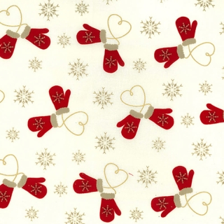 Red & Gold Mittens on Ivory Fabric, 100% Cotton