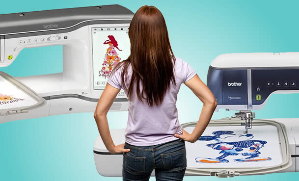 Lady scrutinising about which embroidery sewing machine to purchase